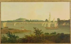 Pinas zeilt de Ganges af langs het fort van Monghyr, ca. 1791